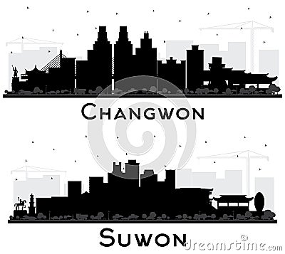 Suwon and Changwon South Korea City Skyline Silhouettes Set Stock Photo