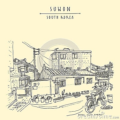 Suwon, South Korea, Asia. Traditional Korean Hanok village in Hwaseong Fortress Vector Illustration