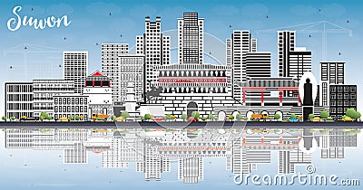 Suwon South Korea City Skyline with Color Buildings, Blue Sky and Reflections Stock Photo