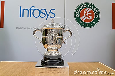 The Suzanne-Lenglen cup the women`s singles Roland Garros champion trophy on display at Court Philippe Chatrier in Paris, France Editorial Stock Photo