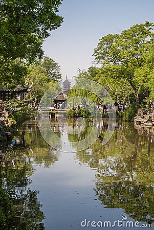 Wider canal with pagoda at Humble Administrators garden, Suzhou, China Editorial Stock Photo