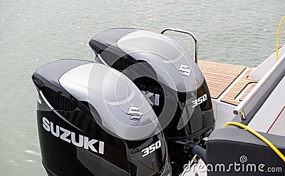 Suzuki DF350A marine engine on a luxury yacht with 350 horsepower Editorial Stock Photo