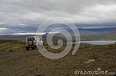 Suzuki Jimny all weel drive car on Borgarvirki. A columnar b Editorial Stock Photo