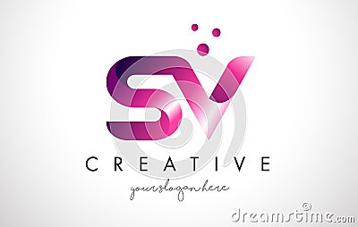SV Letter Logo Design with Purple Colors and Dots Vector Illustration