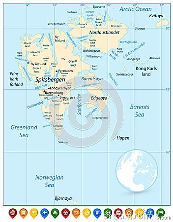 Svalbard Map and Colorful Map Pointers Vector Illustration