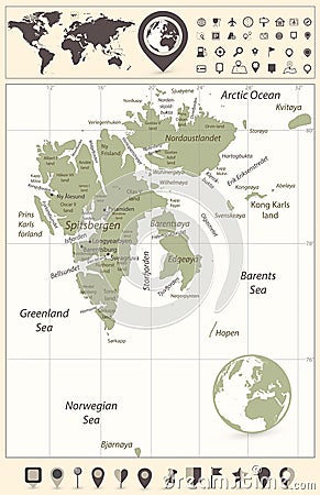 Svalbard Map and World Map with navigation icons Vector Illustration