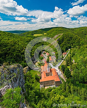 Svaty Jan pod Skalou monastery, Cesky kras nature preserve, Czech Republic Stock Photo