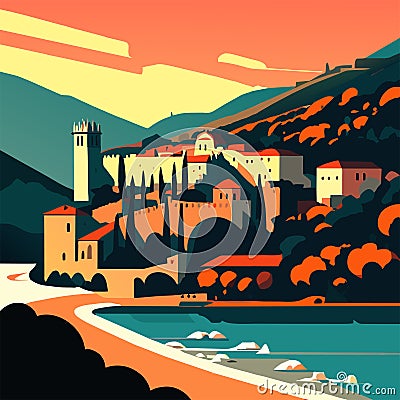 Sveti Stefan old town in Montenegro. Vector illustration. Generative AI Vector Illustration
