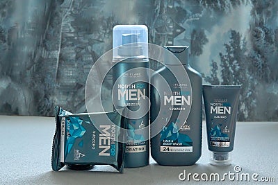 Svetlovodsk, Ukraine - 04.03.2021: Set north for men below zero from Oriflame Sweden , shaving foam, after shave gel, shampoo for Editorial Stock Photo