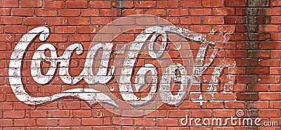 Svetlovodsk, Ukraine - 02.2021: Stylized Coca Cola lettering on a textured brick wall, editorial. Editorial Stock Photo