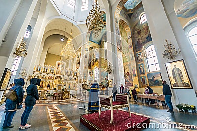 Svyato-Pokrovs Orthodox Christian church interior in Zaporizhia, Ukraine Editorial Stock Photo