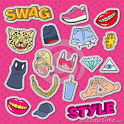 Swag Style Teenage Fashion Doodle with Lips, Hands and Accessories for Stickers, Patches and Badges Vector Illustration