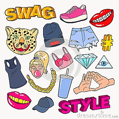 Swag Style Teenage Fashion Doodle with Lips, Hands and Accessories Vector Illustration