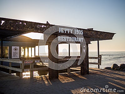 Swakopmund, Namibia - May 31, 2016: Entrance to Jetty 1905 Restaurant on pier at coast of Swakopmund Editorial Stock Photo