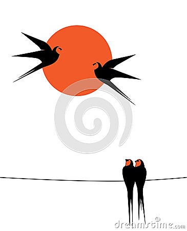 Barn swallows silhouette on wire on sunset, vector. Two birds silhouettes on wire isolated on white background Vector Illustration
