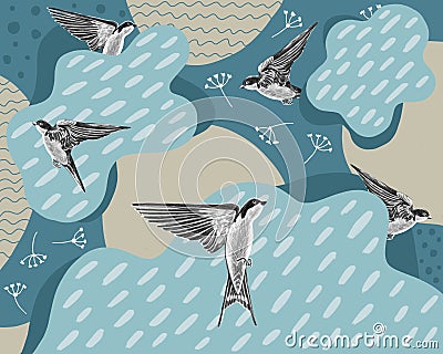 Swallows on a blue background with clouds and drops Stock Photo