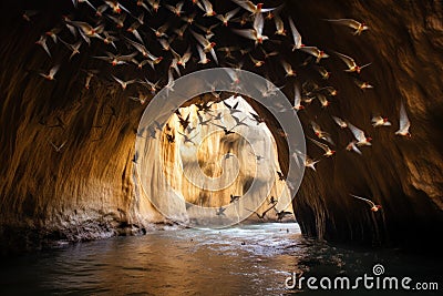 swallows circling cave entrance before returning Stock Photo