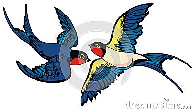 Swallows on white background. Flying swallows in cartoon style Vector Illustration