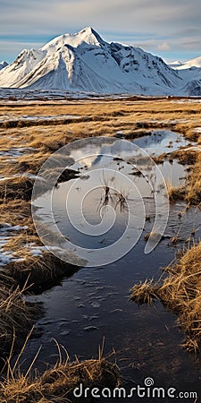 Swamp In Iceland: A Winter Wonderland Of Snowy Cliffs And Winter Sports Stock Photo