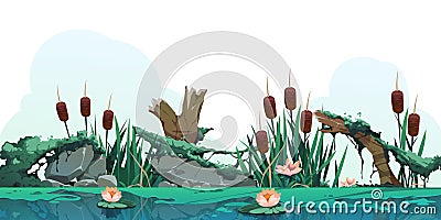 Swamp reed illustration. Cartoon marsh background with cattail plants, moss rocks and log, countryside wetland or lake Vector Illustration