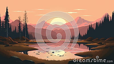 Swamp Scene With Mountains And Lake Cartoon Illustration