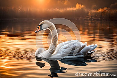 Swan floating on the water at sunrise of the day Stock Photo