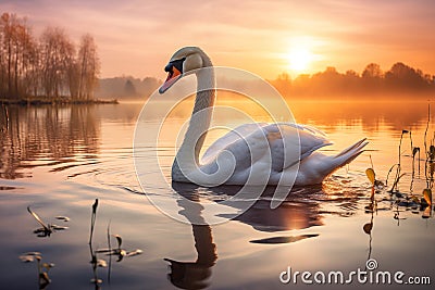 Swan floating on the water at sunset of the day Stock Photo