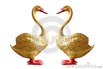 Swan Golden statue, Gold Swan duck Statue figurine isolated on white background Stock Photo