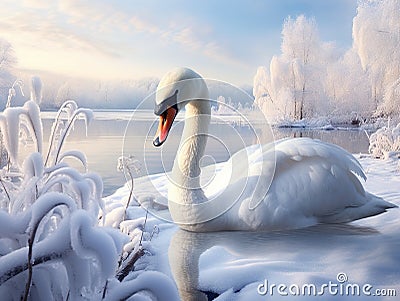 Swan keeping warm in winter Cartoon Illustration