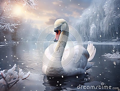 Swan keeping warm in winter Cartoon Illustration