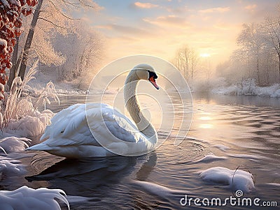 Swan keeping warm in winter Cartoon Illustration