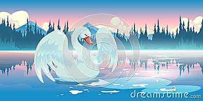 Swan on lake morning nature landscape scenery view Vector Illustration