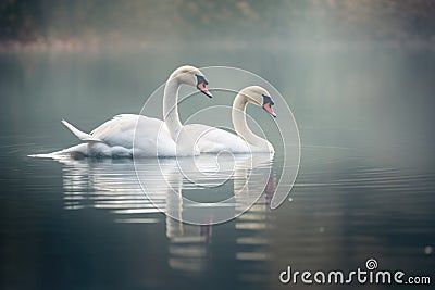 swan pair swimming together in a tranquil lake Stock Photo