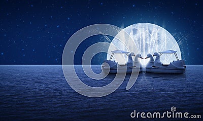 Swan pedal boat on fantasy sea sky fountain and moon night time Stock Photo