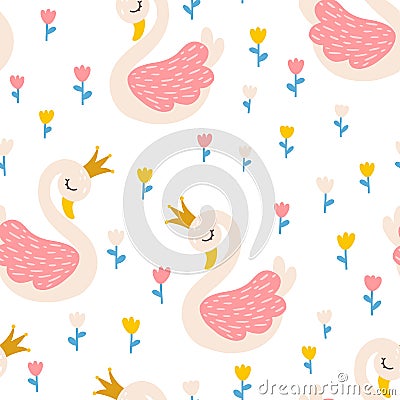Swan princess seamless pattern with tulips flowers. Vector fairy tale cute illustration in hand-drawn Scandinavian Vector Illustration