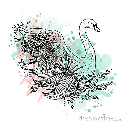 Swan watercolor, abstract graphic colored bird, print. Vector Illustration