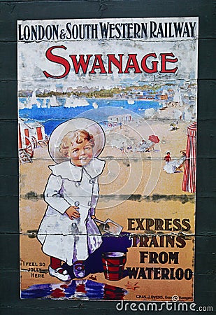 Old fashioned British Railways advertising for Swanage Editorial Stock Photo