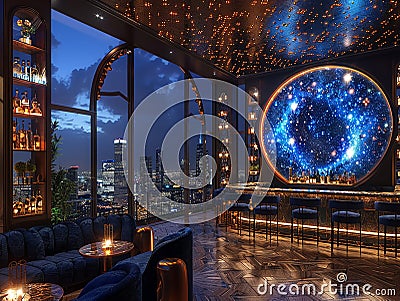 Swanky rooftop bar with panoramic city views and luxe decor3D render Stock Photo