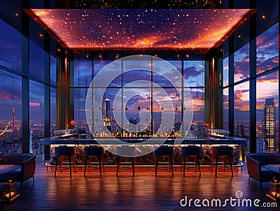 Swanky rooftop bar with panoramic city views and luxe decor3D render Stock Photo