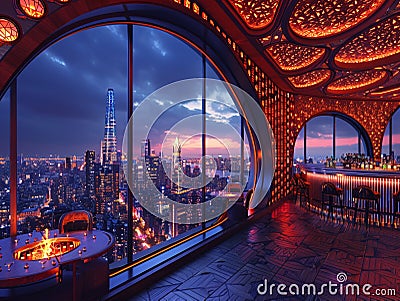 Swanky rooftop bar with panoramic city views and luxe decor3D render Stock Photo