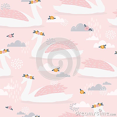 Colorful seamless pattern with swans, flowers, sky. Decorative cute background with birds Vector Illustration