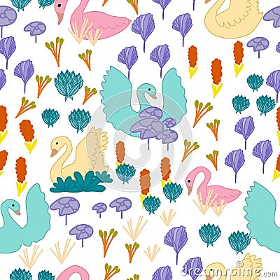 Swans and flowers seamless pattern, on white background Stock Photo