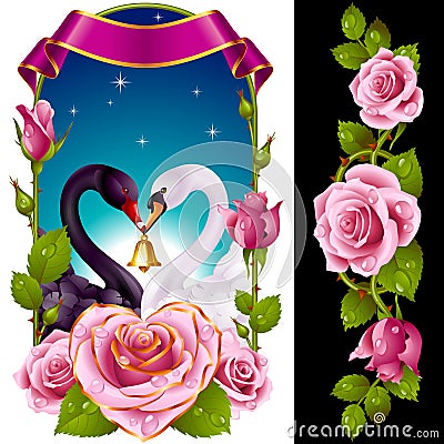 Swans and pink Roses Vector Illustration