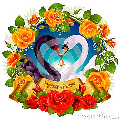 Swans, roses and hearts Vector Illustration