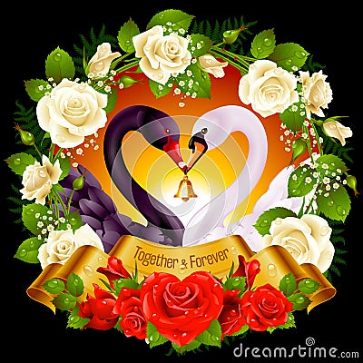 Swans, roses and hearts Vector Illustration