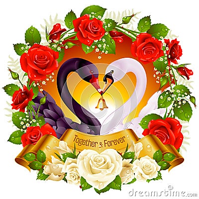 Swans, roses and hearts Vector Illustration