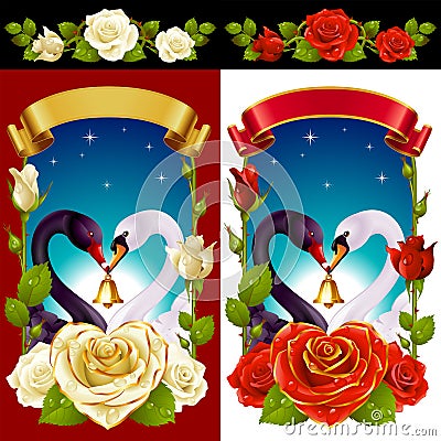 Swans and Roses set Vector Illustration