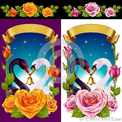 Swans and Roses set Vector Illustration