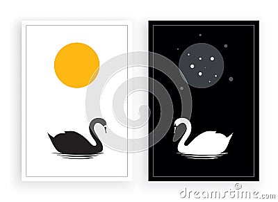Swans Silhouettes swimming on sunlight and moonlight, vector, two pieces minimalist poster design, black and white, sun and moon Cartoon Illustration