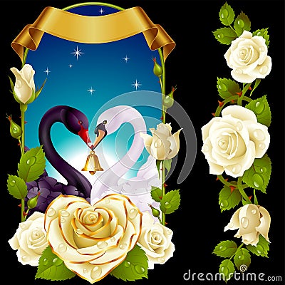 Swans and white Roses Vector Illustration